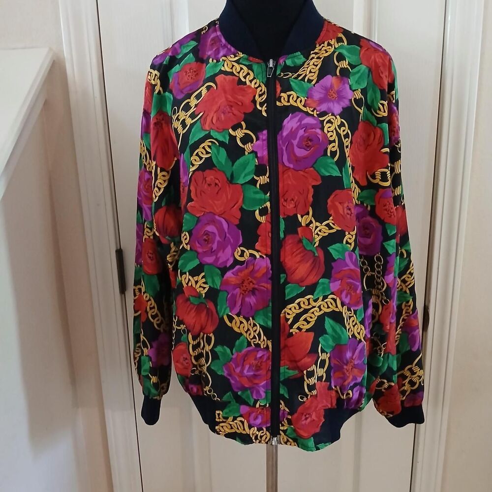 Vintage 90s Vibrant All Over Print Floral Gold Chain Bomber Jacket Dopamine
